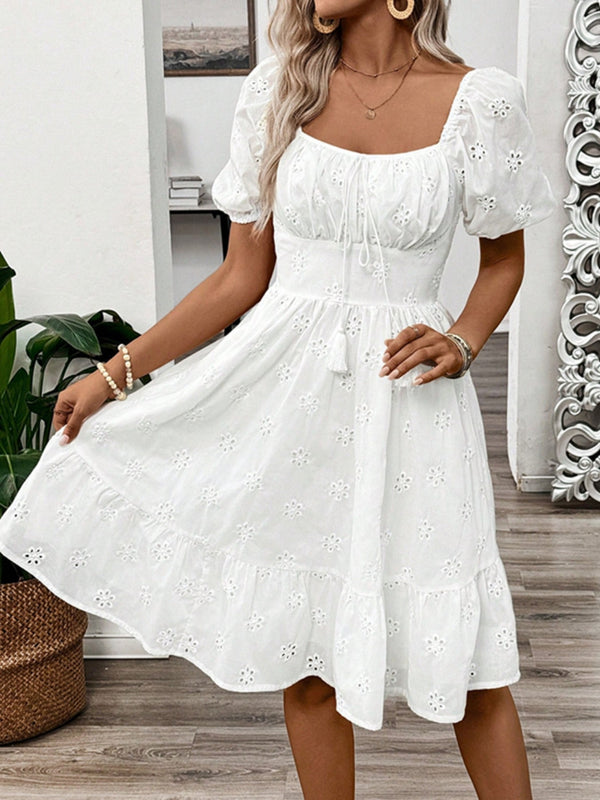 smocked-eyelet-square-neck-puff-sleeve-mini-dress OhSoStyled - Sophia's Style-1